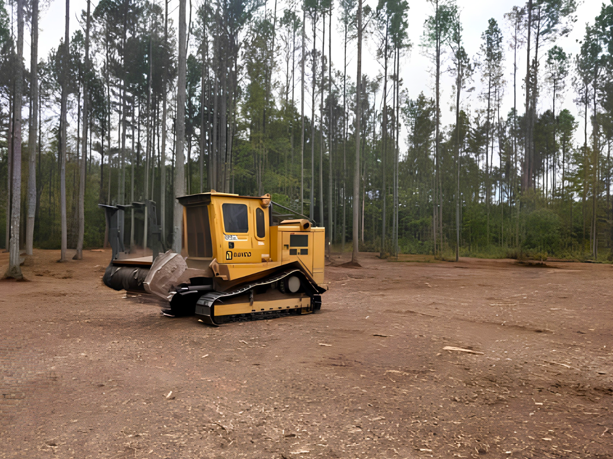Forestry mulcher positioned on a professionally cleared tract surrounded by mature pine timber, showcasing CRT Mulching’s efficient land clearing, underbrush removal, and site preparation services for residential, agricultural, and recreational properties.
