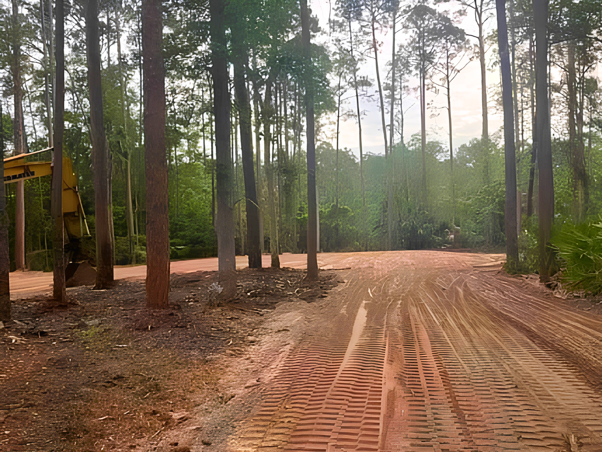 Freshly graded roadway and cleared homesite winding through mature timber, highlighting CRT Mulching’s expert site preparation, land clearing, and grading services for custom homes, rural access roads, and property development projects.